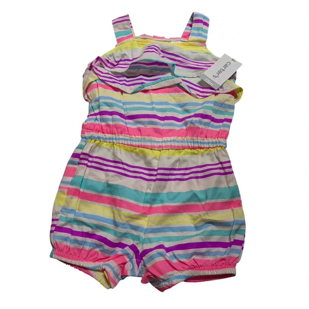 Carters Baby Girl 18M Rainbow Stripe Ruffle Romper Multicolor Sunsuit NWT